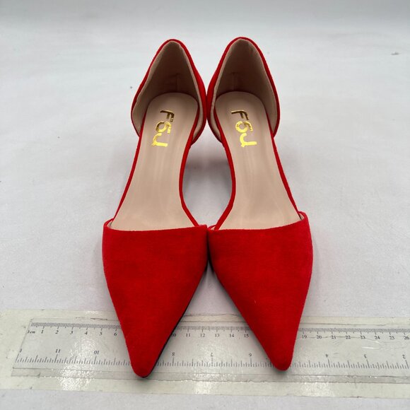 FSJ Red D'Orsay Comfy Kitten Heels Closed Pointed Toe Classic Slip On Pumps - Picture 2 of 7